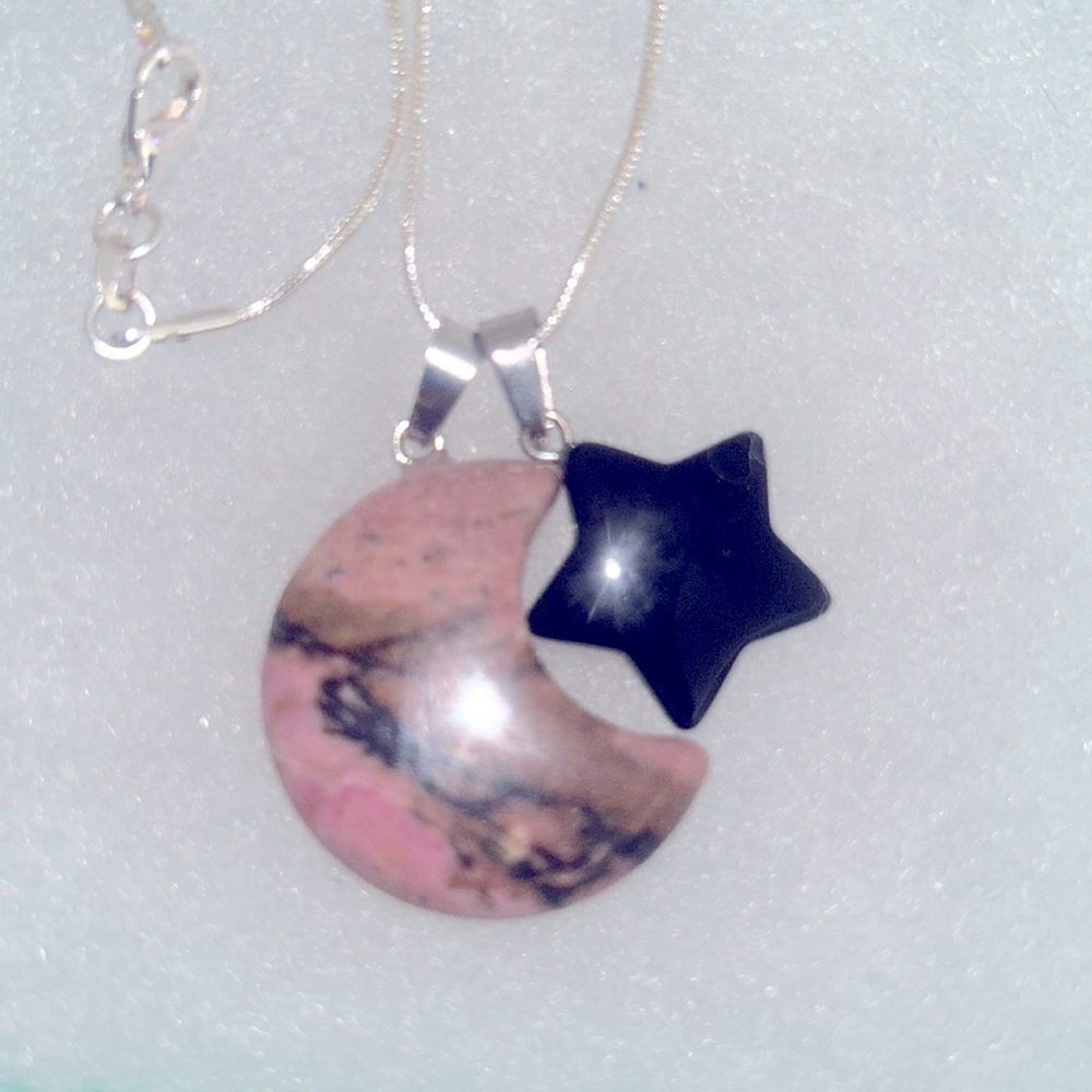 Boho hippie Onyx Star ⭐️ and Rhodonite Moon 🌙 sterling silver neckl…